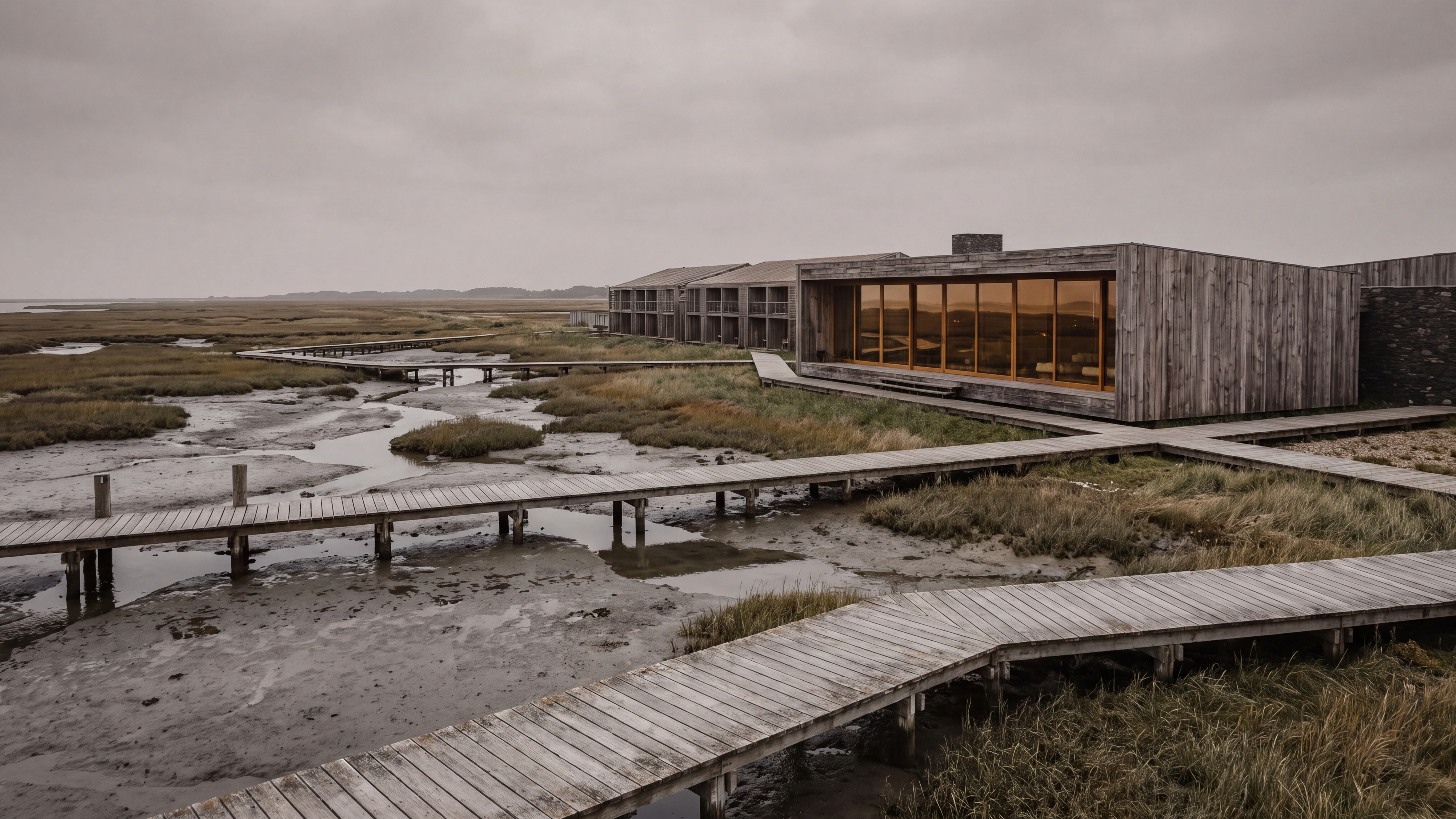 Low waterfront hotel integrated into reeds, marsh water, and a living shoreline.