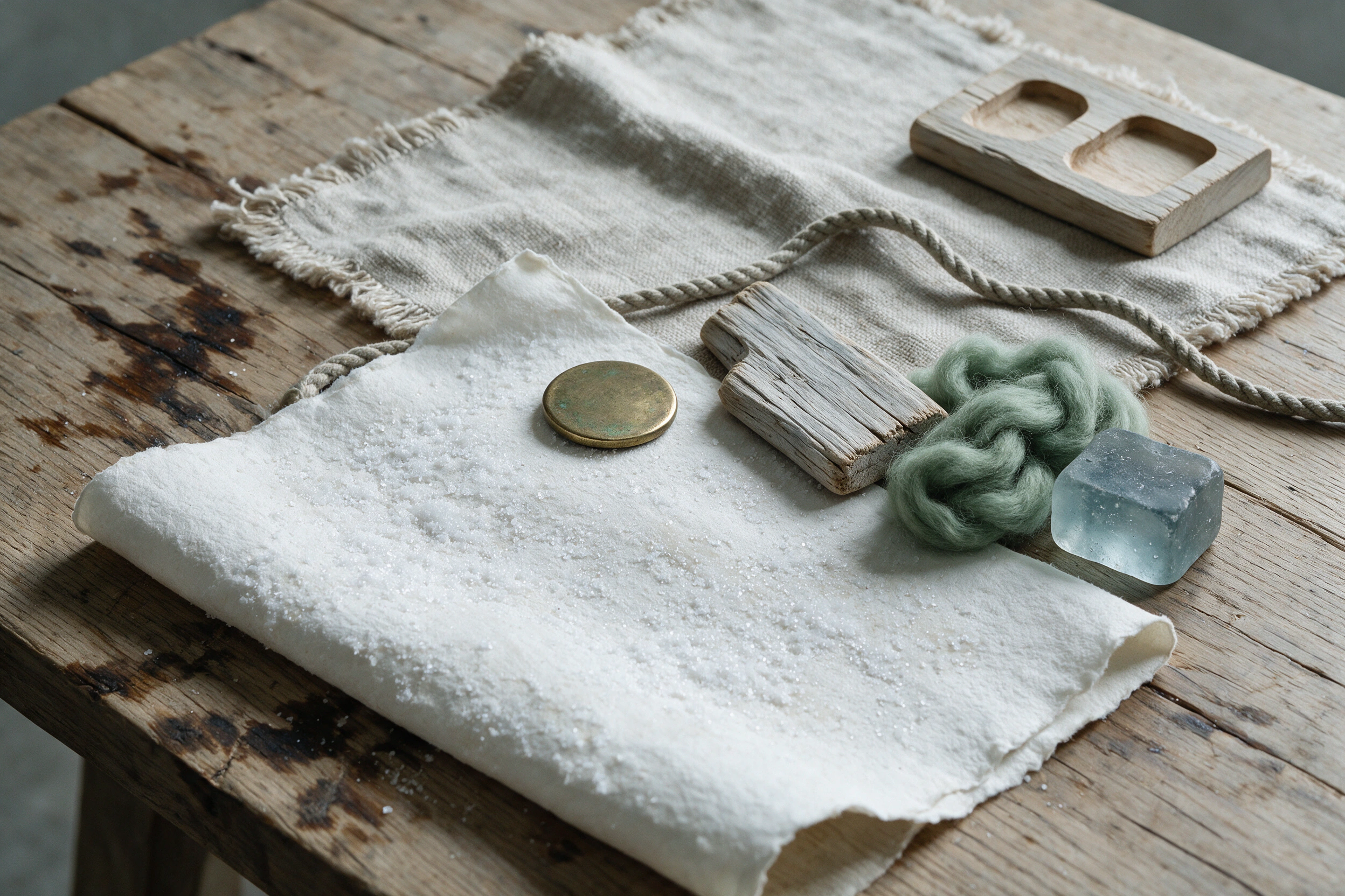 Weathered brass, linen, salt-textured paper, and a habitat record share one table.