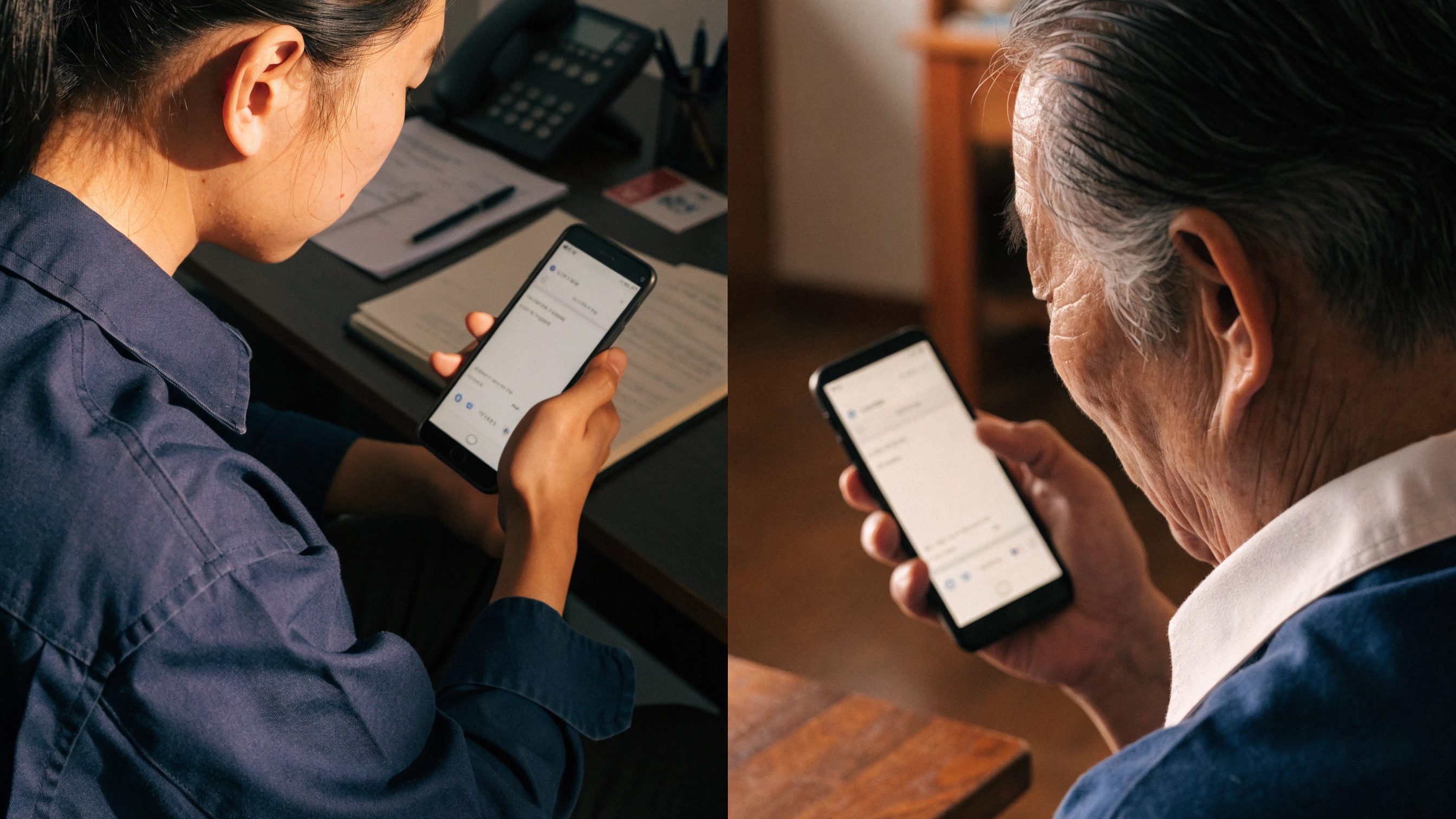 Dinners begin in two countries while both phones display the completed record.
