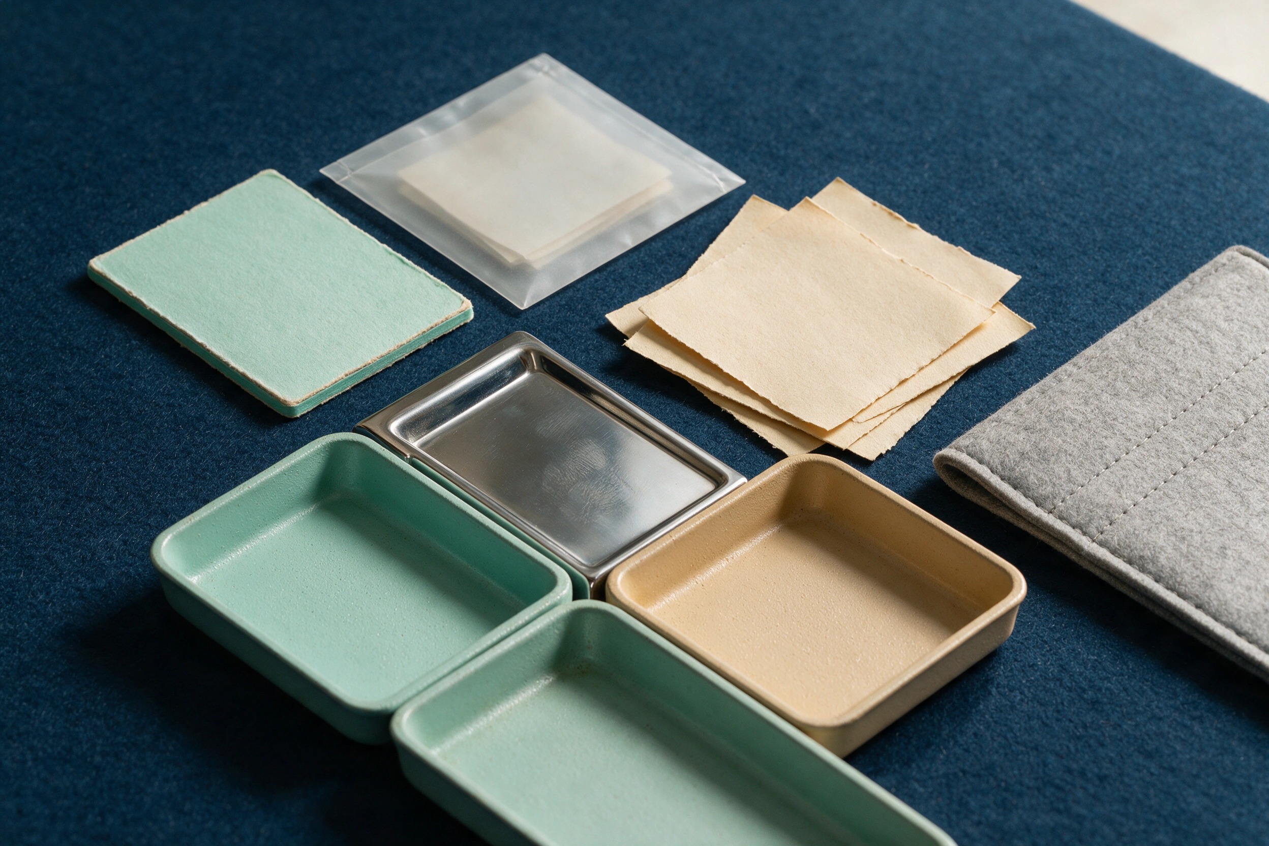 A bilingual receipt, card, envelope, and paired coin trays show both currencies.