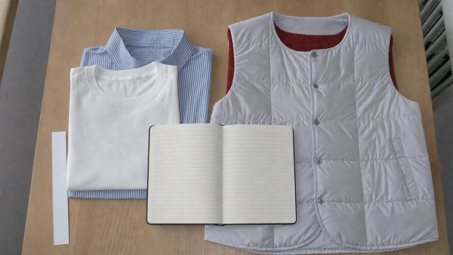 A white T-shirt, blue striped shirt, red knit and light quilted vest are laid beside an open notebook on a wooden table.