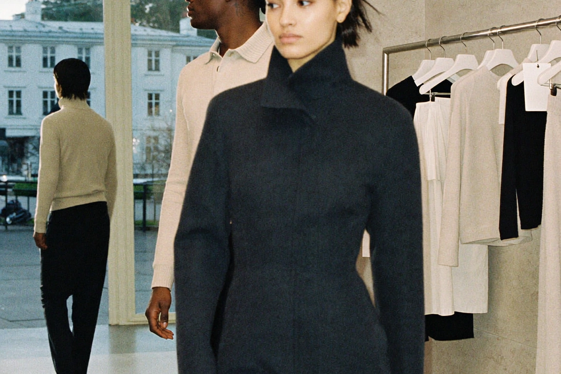 A close view of a dark tailored coat, with other models and a rail of neutral garments behind it.